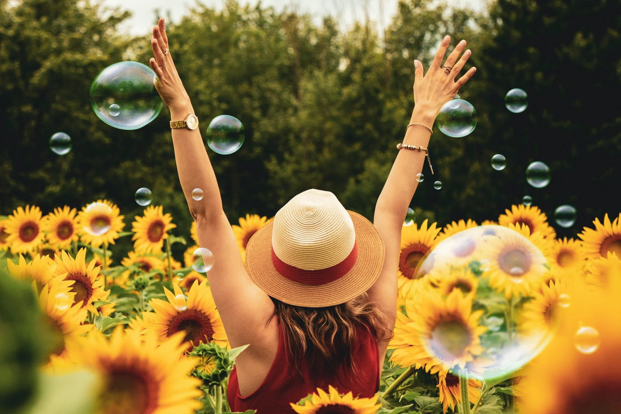 woman in summer sunflower field as part of the ayurveda summer diet